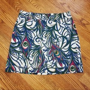Lilly Pulitzer Tickle Me Fancy Peacock Feathers Skirt Multicolor Sz 0 XS Denim